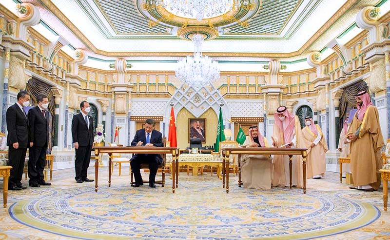 King Salman Bin Abdulaziz Al Saud signs a “Comprehensive Strategic Partnership Agreement” with President Xi Jinping. Crown Prince Mohammed Bin Salman witnesses the signing. Two countries inked agreements worth about $30 billion.