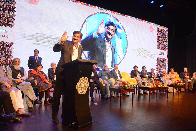 Sindh Chief Minister Syed Murad Ali Shah addressing the opening ceremony of 15th International Urdu Conference at the Arts Council of Pakistan