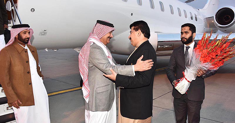 Chairman Senate, Muhammad Sadiq Sanjrani welcoming the member of the Qatar’s Royal Family, Sheikh Falah Bin Jassim upon his arrival at Islamabad International Airport