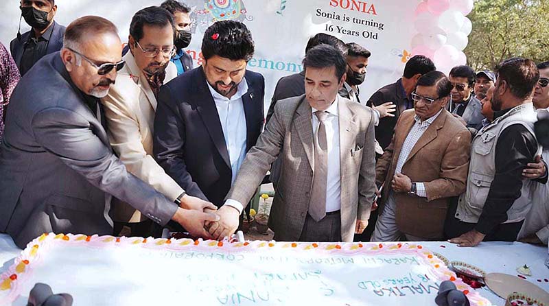 Sindh Governor Kamran Tessori along with Administrator Karachi Dr. Saif ur Rehman cutting cake to celebrate the 16 years old elephant Soniya and 18 years old Malka at Sifari Park