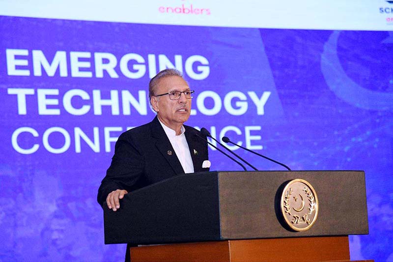 President Dr. Arif Alvi addressing the participants of Emerging Technology Conference, at Aiwan-e-Sadr.