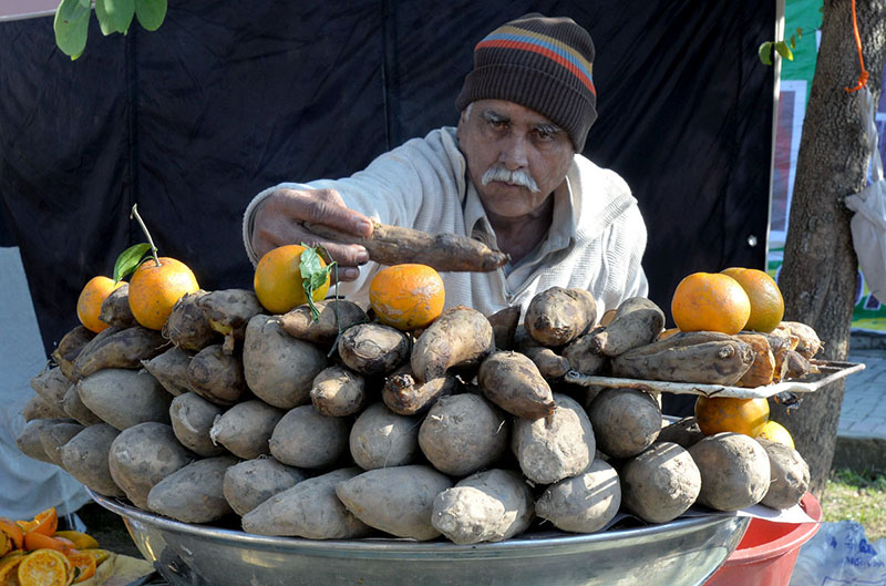 A street vendor selling coal roasted sweet potatoes to earn some livelihood at his roadside setup