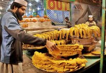 A shopkeeper arranging fish to attract the customers at his shop at Khanna Pul