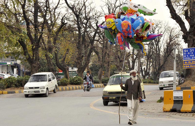 A vendor selling different kinds of balloons to attract customers at roadside.