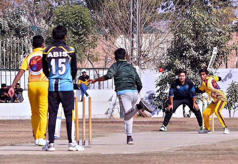 A view of tape ball cricket match between Superior College and Kips College during Inter Collegiate Boys Cricket Tournament 2023 played at Sports Complex Govt. Model High School