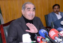 Federal Minister for Railways and Aviation Khawaja Saad Rafique addressing a Press conference at Pakistan Railways Headquarters