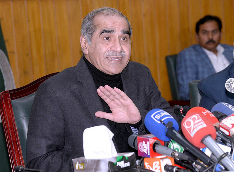 Federal Minister for Railways and Aviation Khawaja Saad Rafique addressing a Press conference at Pakistan Railways Headquarters