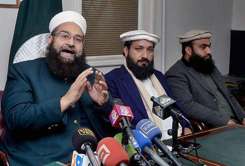 Special Assistant to the Prime Minister on Religious Harmony Maulana Tahir Mehmood Ashrafi addressing a press conference at his office