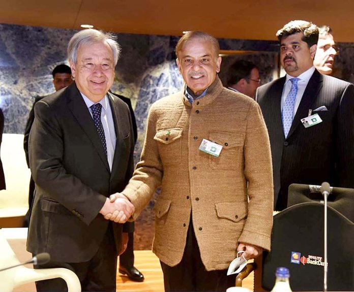 Prime Minister Muhammad Shehbaz Sharif and Secretary General United Nations H.E. Antonio Guterres at International Conference on Resilient Pakistan being held in Palais des Nations, Geneva, Switzerland