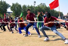 Students in action during Tug of war match between Government collage Odero lal and government collage kali mori team during opening ceremony of 5th the Sindh collage games at government degree collage.
