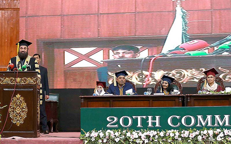 Punjab Governor Muhammad Baligh ur Rehman addressing during the 20th Convocation of Fatima Jinnah Women University for the graduates of 2022 held at Jinnah Convention Centre