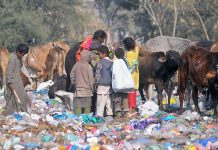 Gypsies childern searching valuable stuff from the heap of garbage