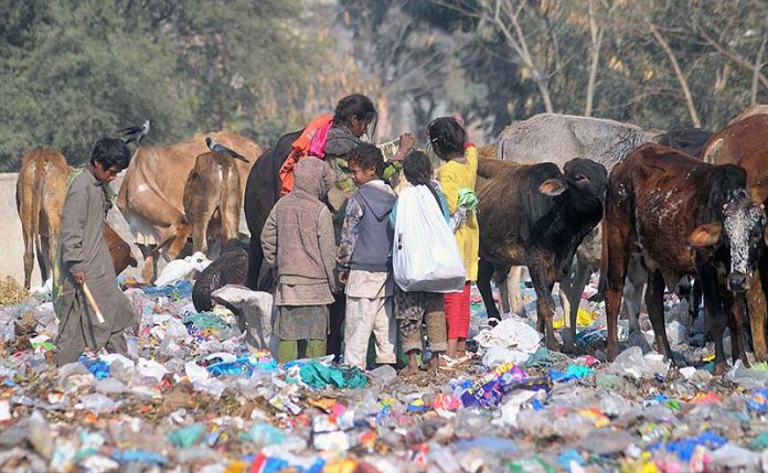Gypsies childern searching valuable stuff from the heap of garbage