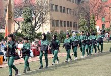 Sports women march-past parade during inauguration ceremony of All Pakistan 10th HEC Intervarsity Netball Women Championship 2023 at The University of Faisalabad