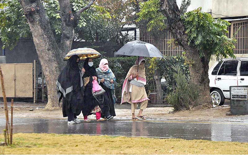 Ladies on the way walking on a roadside under the cover of an umbrella during rain in the Federal Capital