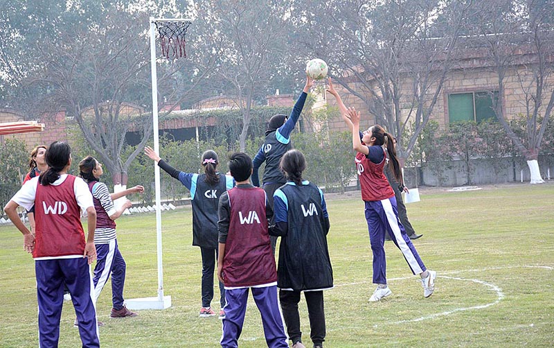 Sports women in action with full form during basketball match played between Govt College Women University Sialkot and Superior University Lahore at inauguration ceremony of All Pakistan 10th HEC Intervarsity Netball Women Championship 2023 at The University of Faisalabad