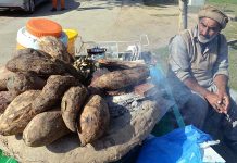 A vendor selling coal roasted sweet potatoes to earn livelihood at club road in the city