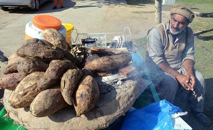 A vendor selling coal roasted sweet potatoes to earn livelihood at club road in the city