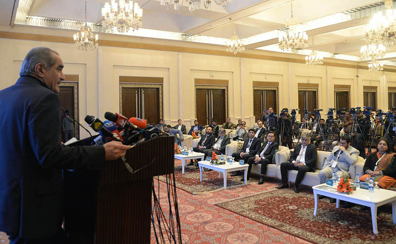 Federal Minister of Railways Khawaja Saad Rafiq addresses at the Railway Conference ceremony at the local hotel