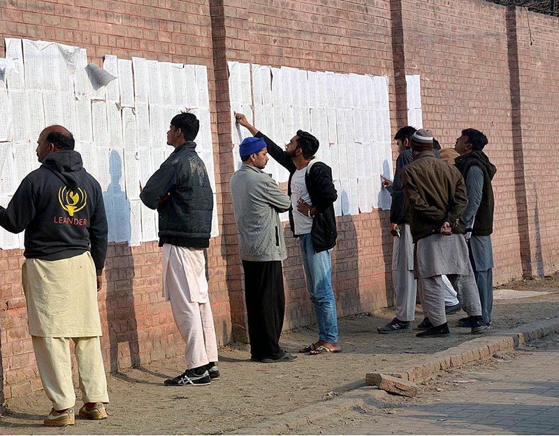 Candidates looking at result which was held for recruitment of Constables and Traffic Assistants at Police Line