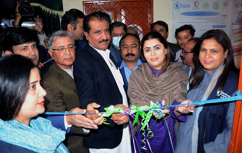 Federal Minister for Poverty Alleviation and Social Safety and Chairperson Benazir Income Support Programme Ms Shazia Marri cutting a ribbon to inaugurate 'Benazir Nashonuma Centre at Sindh Govt. Hospital Shah faisal Colony
