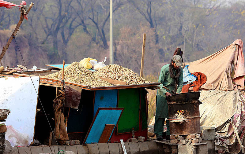 A street vendor busy in roasting peanuts to sell to customers at Kuri Road neighbourhood