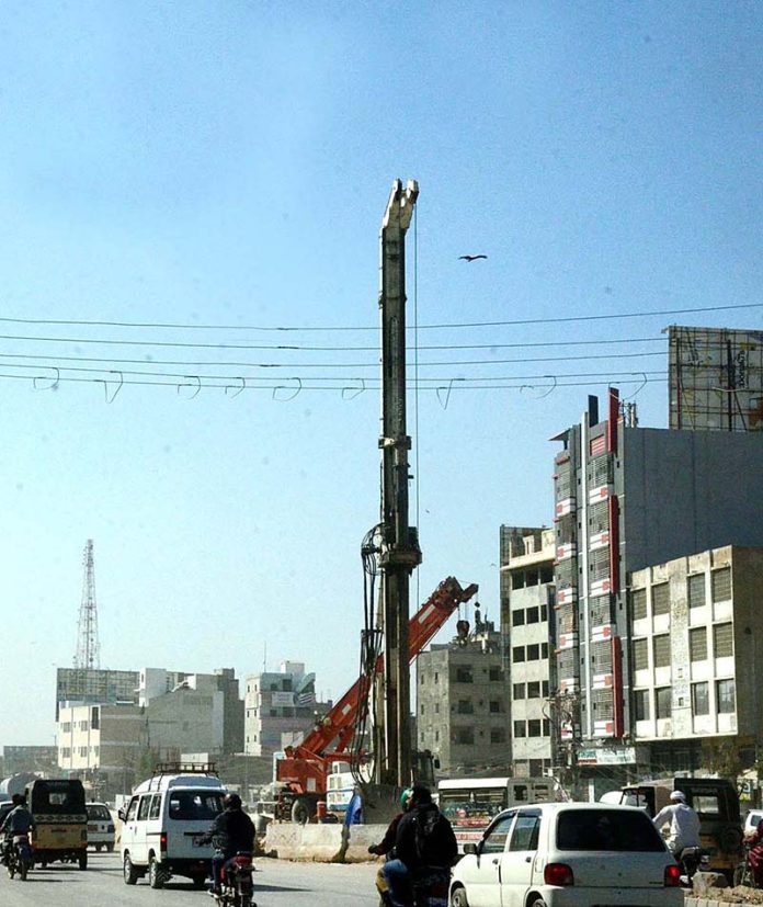 A view of ongoing development work for the red line bus service named as (Peoples Bus Service) at University road in the Provincial Capital