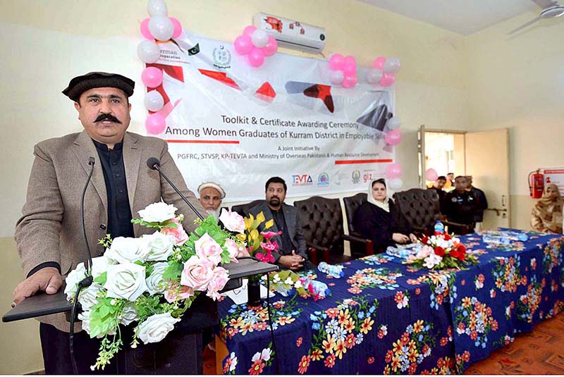 Federal Minister for Overseas Pakistan and Human Resource Development Mr. Sajid Hussain Turi addresses during the Toolkit & Certificates Awarding ceremony Among Women Graduates of kurram District in Employable Skill a joint initiative by PGFRC, STVSP, KP-TEVTA and Ministry of Overseas Pakistani & Human Resource Development at GTVC (W) Hayatabad