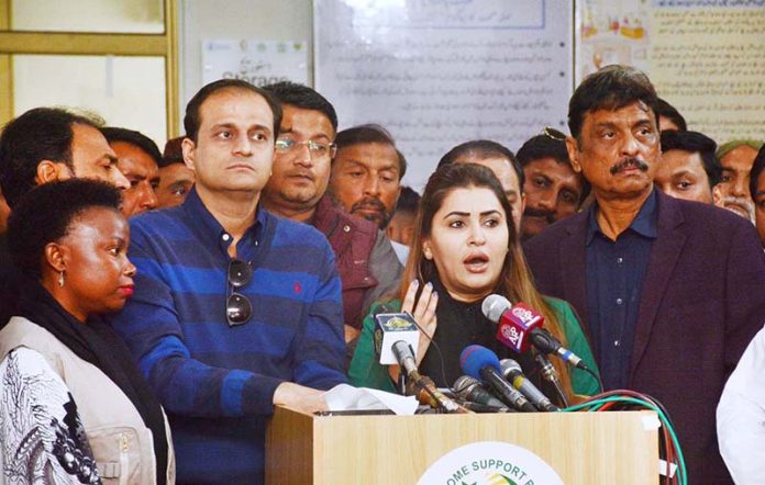 Federal Minister for Poverty Alleviation and Social Safety Shazia Marri talking to media persons after inaugurating the 'Benazir Nashonuma Centre