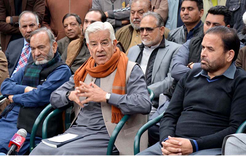 Defence Minister Khawaja Muhammad Asif addressing to the media talk at his residence.