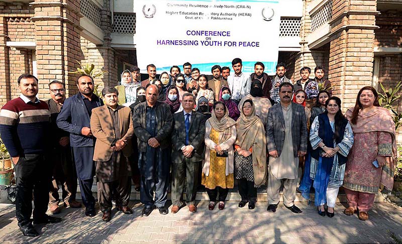 VC SBBWU Prof. Dr. Safia Ahmed and Member Higher Education Regulatory Authority Dr. Yasir Kamal in a group photo with other participants during a conference on Harnessing Youth for Peace at SBBWU.
