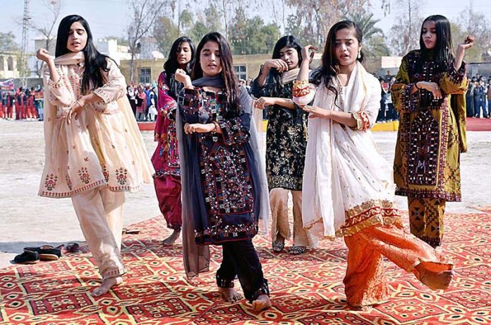 Female students performing folk dance during opening ceremony of 5th Sindh College Games 2023 at Government Boys Degree College Ground