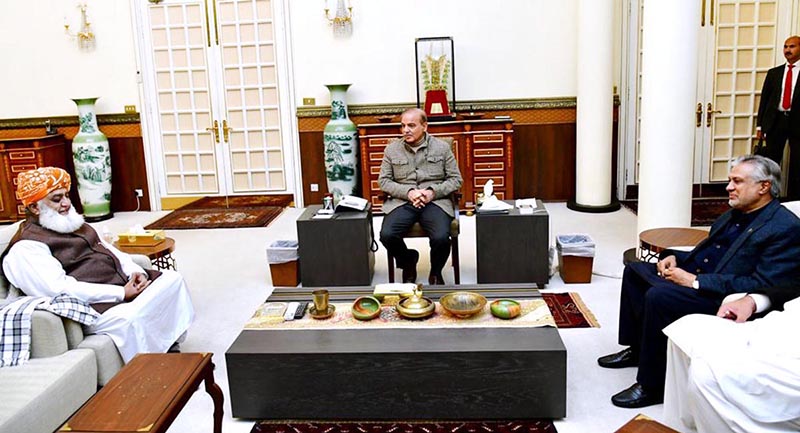 President Jamiat Ulema-e-Islam Maulana Fazal-ur-Rehman calls on Prime Minister Muhammad Shehbaz Sharif; Federal Minister for Finance and Revenue Mr Ishaq Dar is also present