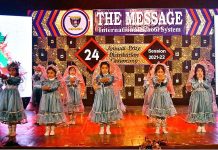 Students performing tableau during 24th annual prize distribution ceremony of The Message International School System at arts council