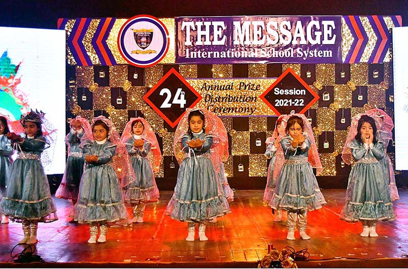 Students performing tableau during 24th annual prize distribution ceremony of The Message International School System at arts council