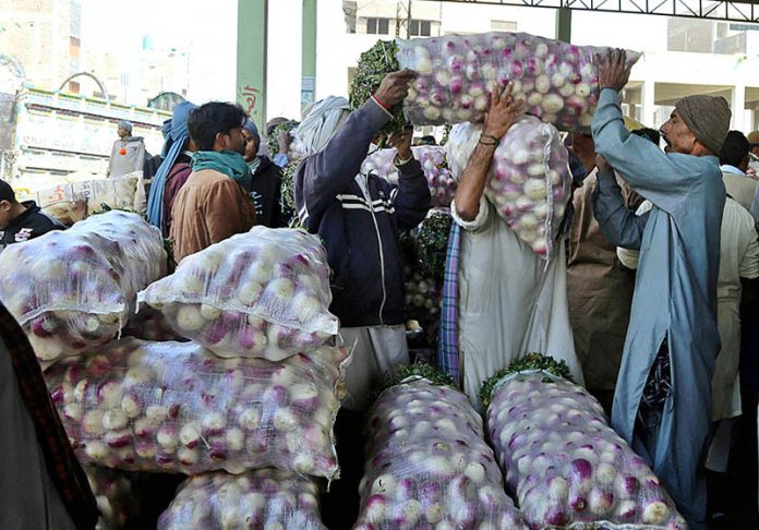 Daily wages laborers unloading the turnip bags from the delivery truck loading at vegetable market