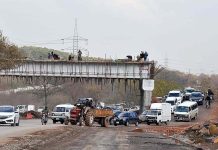 A view of construction work of Bhara Kaho Bypass underway at Srinagar Highway during development work