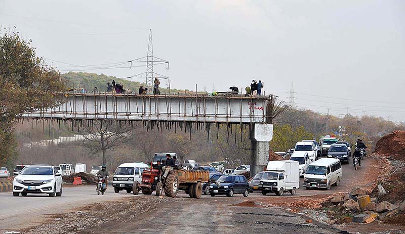 A view of construction work of Bhara Kaho Bypass underway at Srinagar Highway during development work