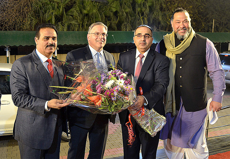 US Consul General in Lahore William Makaneole, LCCI President Kashif Anwar and Senior Vice President Chaudhry Zafar Mahmood are welcoming Ambassador of United States Donald Blome at Lahore Chamber of Commerce and Industry (LCCI)