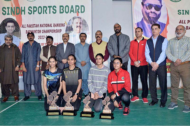 Deputy Secretary of Excise Department Irshad Kamlani giving away trophies to winners after final of All Pakistan Ranking Badminton Championship 2022-23 at Hyderabad club organized by Sindh Sports Board
