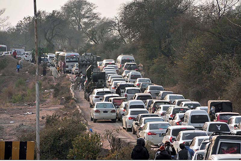 A view of massive traffic jam near Bhara kahu Bypass at Federal Capital