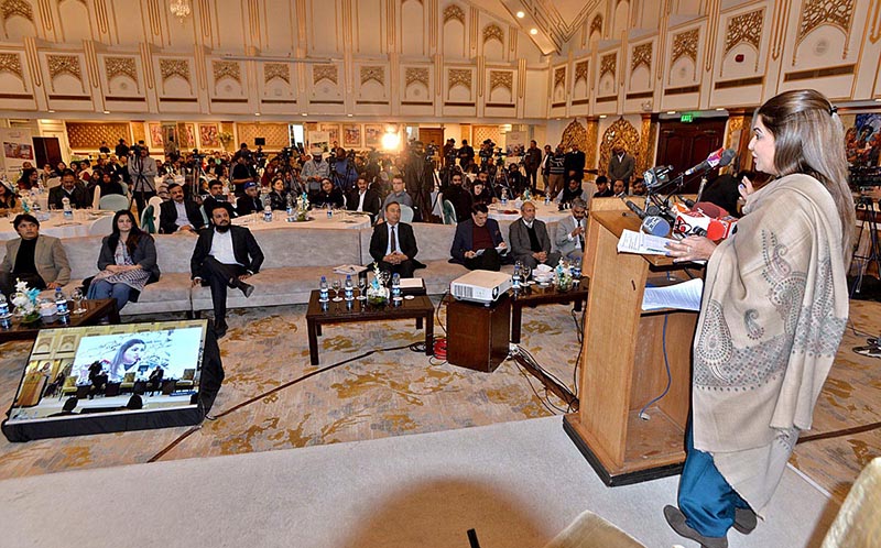 Federal Minister for Poverty Alleviation and Social Safety and Chairperson BISP Shazia Marri addressing to the ceremony, organized by National Rural Support Programme at local hotel.