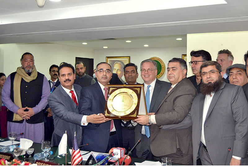 US Consul General in Lahore William Makaneole, LCCI President Kashif Anwar and Senior Vice President Chaudhry Zafar Mahmood are welcoming Ambassador of United States Donald Blome at Lahore Chamber of Commerce and Industry (LCCI)