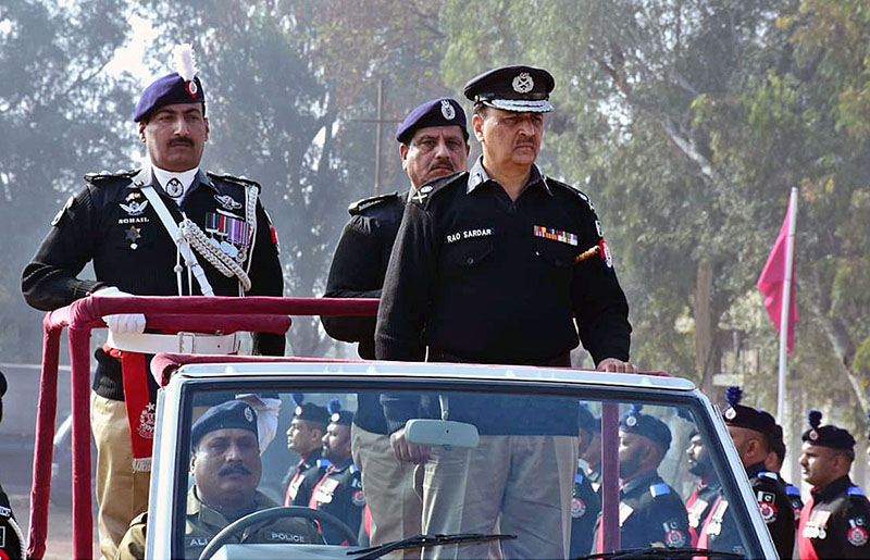 IG Railway Dr. Rao Sardar Ali Khan reviewing parade during Passing Out Ceremony of 5th Intermediate, 26th Lower and First Armorer School Courses at Railway Police Training School Walton Lahore