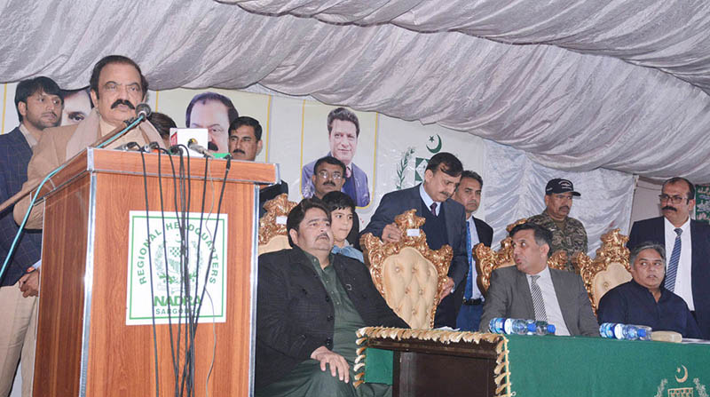 Federal Minister for Interior Rana Sana Ullah Khan is addressing the inaugural ceremony of NADRA Office at Jhang Road Painsara