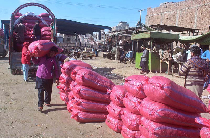 Laborers unloading sacks of vegetables from a delivery truck at a vegetable market.