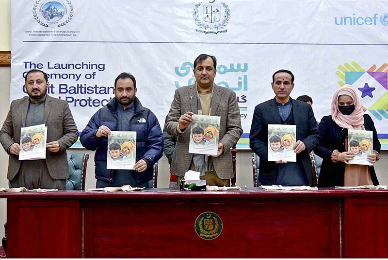 Chief Minister Gilgit-Baltistan Khalid Khurshid Khan addressing the launching ceremony of Gilgit-Baltistan Social Protection Policy