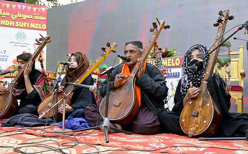 A folk singer performs during Sindh Sufi Melo at Sindh Museum.