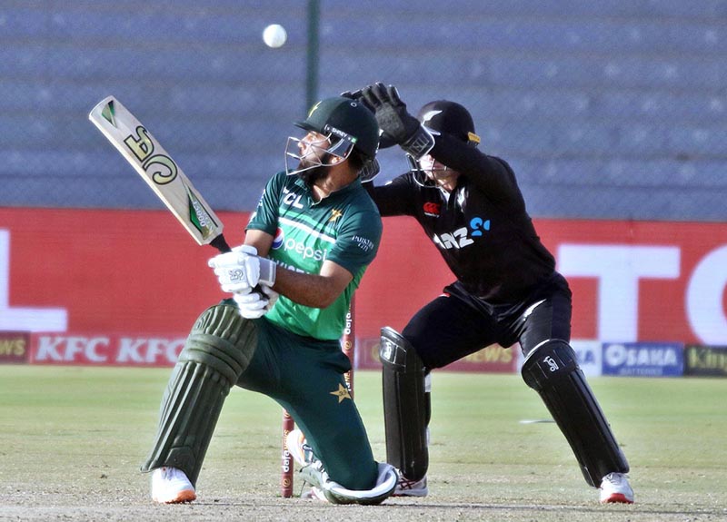 Pakistan's batsman Mohammad Rizwan in full form plays a shot during the third and final one-day international (ODI) cricket match between Pakistan and New Zealand at the National Stadium