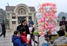 Children are buying cotton candy from a roadside vendor at Greater Iqbal Park